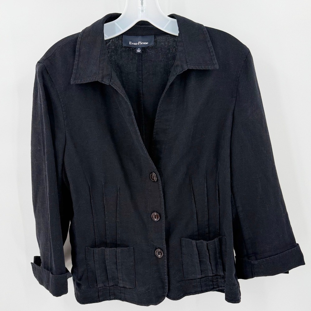 EVAN-PICONE Black Linen Cotton Blazer Size 14 Pleated Pocket Jacket